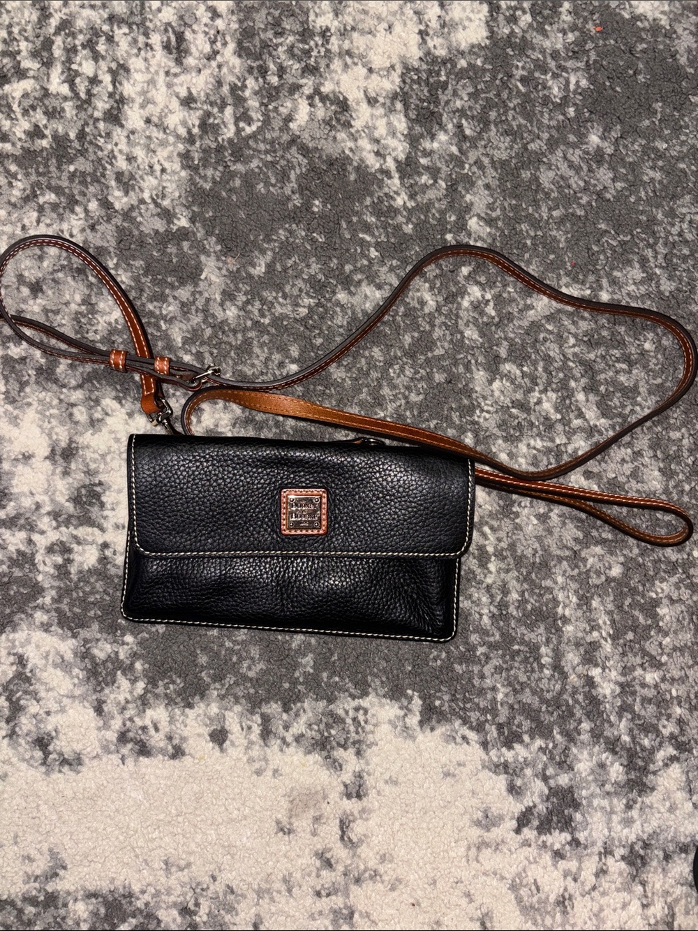 Dooney & Bourke Milly Black Pebbled Leather Crossbody Wristlet with Brown Strap